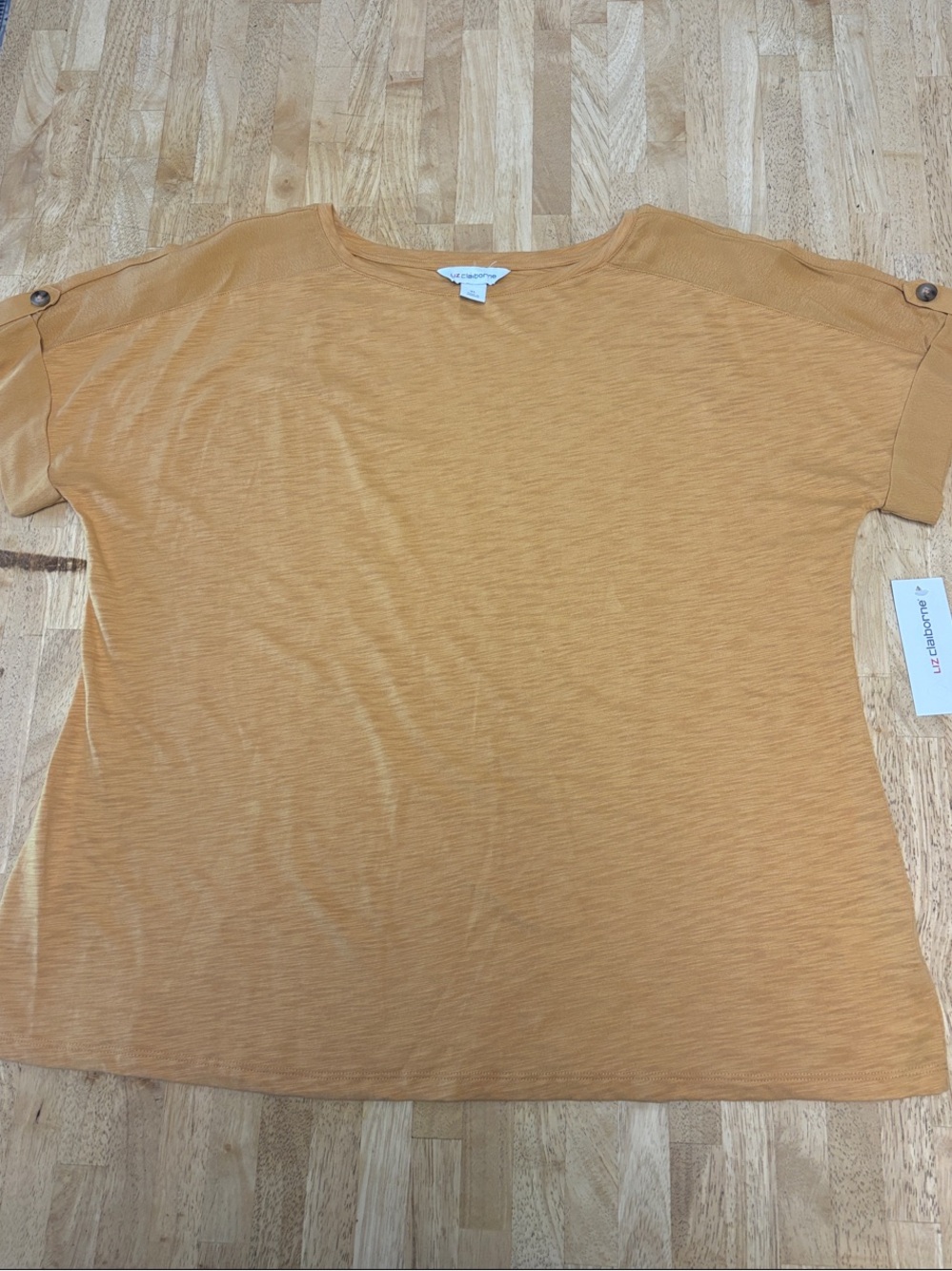NWT Liz Claiborne Mustard Yellow Short Sleeve Top Button Shoulder Slub Knit